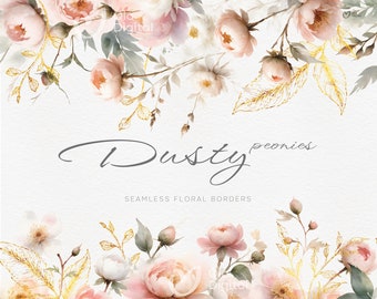 Floral seamless border, Dusty peonies, Elegant flowers, Watercolor flowers, Wedding frame, Digital floral clipart PNG, Digital download