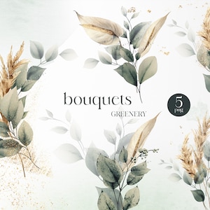 Acquerello erbe secche erba verde bouquet fiori, invito a nozze floreale clipart png, carta digitale, boho clipart