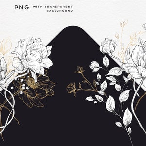 Peut inclure: Illustration florale en noir et blanc avec des accents dor&eacute;s. Les fleurs sont dispos&eacute;es de mani&egrave;re sym&eacute;trique sur un fond noir et blanc.