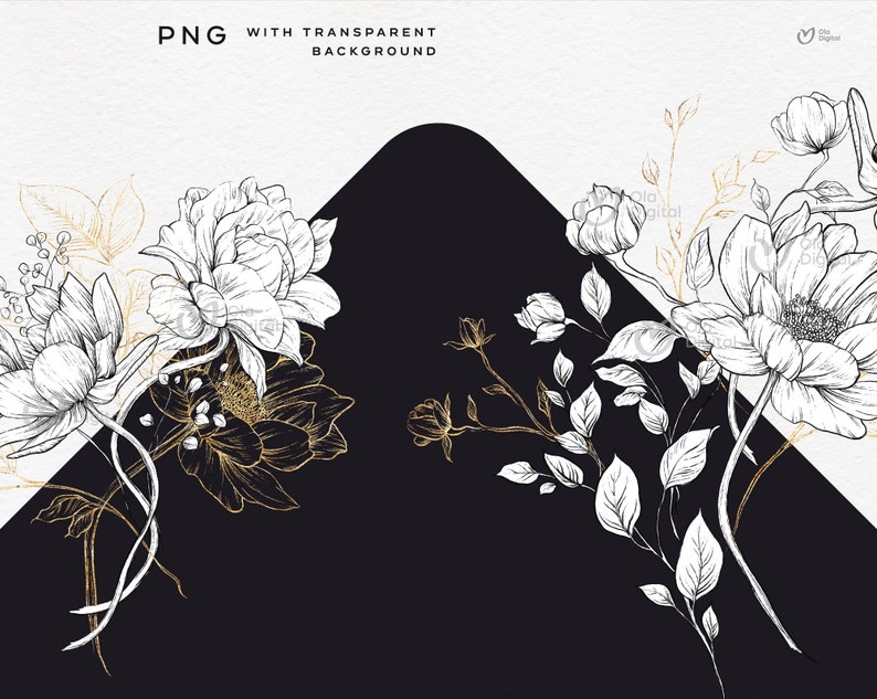 Peut inclure: Illustration florale en noir et blanc avec des accents dor&eacute;s. Les fleurs sont dispos&eacute;es de mani&egrave;re sym&eacute;trique sur un fond noir et blanc.