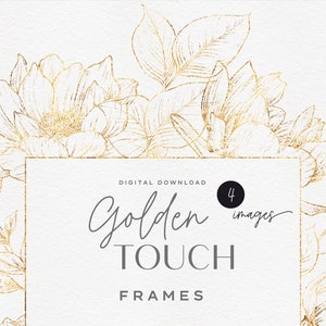 Gouden bloemenframes, Border-frames, Bruiloft uitnodigingskaart, Gouden rand, Digitale bloemen clipart PNG, Instant download