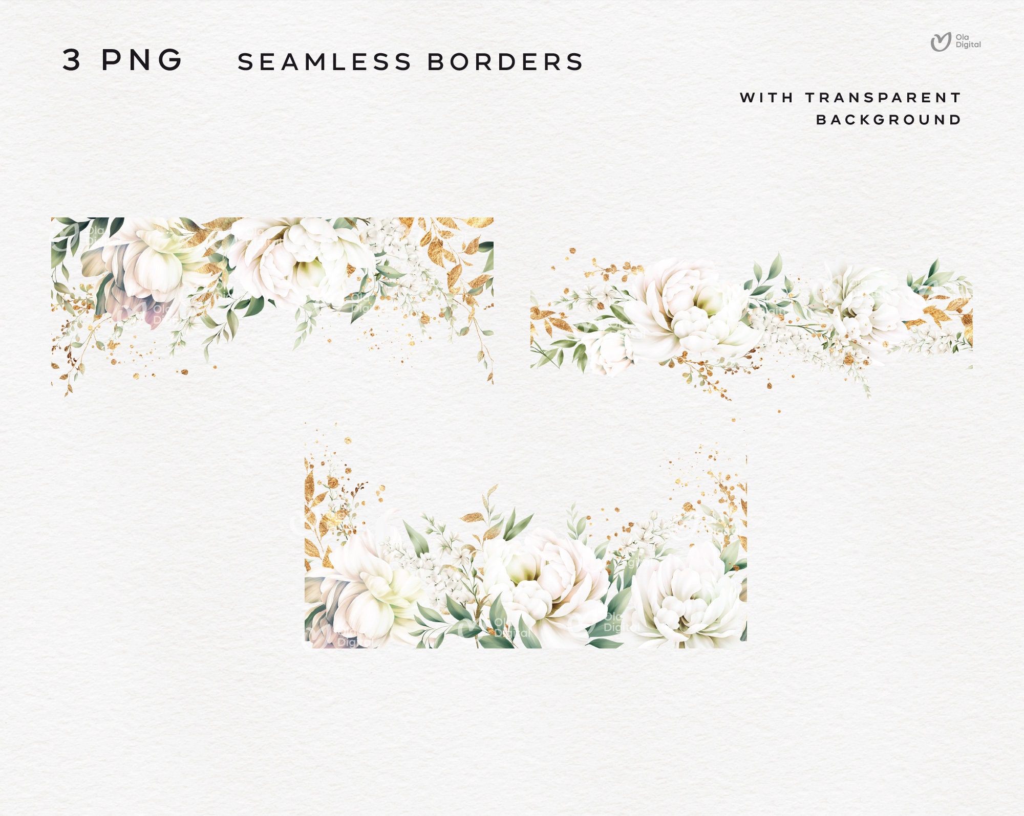 White Peonies Floral Clipart, Watercolor Flower, Peony Border Clipart ...