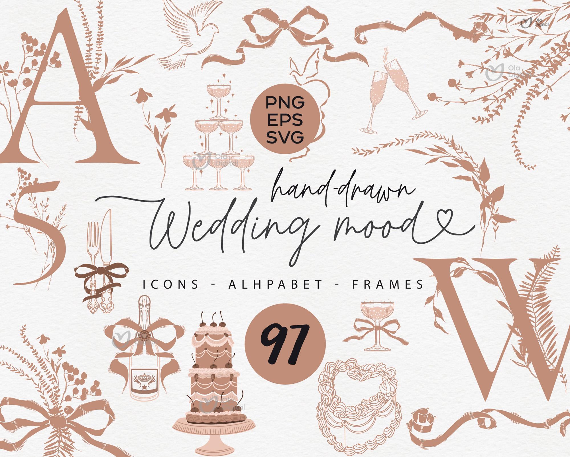 Hand Drawn Wedding Clipart Bundle for Dinner Invitation, Doodles for ...
