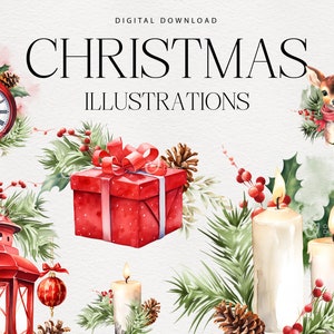 Clipart de Noël, illustrations de Noël, arrangements pour le nouvel an, téléchargement numérique, clipart floral PNG