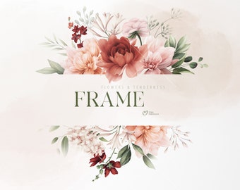 Floral frame, Garden flowers, Wedding invite card, Digital floral clipart PNG, Digital download