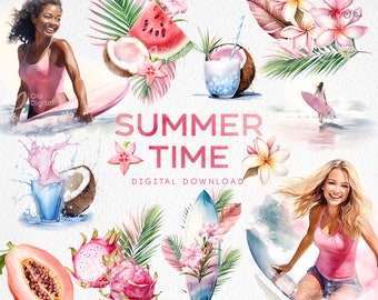 Può includere: Illustrazione ad acquerello di tempo estivo con uno schema di colori rosa e verde. L'illustrazione presenta una donna che fa surf, un bicchiere di acqua di cocco, un'anguria, una papaya, un frutto del drago e fiori tropicali. Il testo "SUMMER TIME" è scritto in lettere rosa.