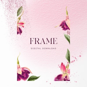 Fuchsia, Floral frame, Digital Greeting card, Wedding floral clipart png, Digital download PNG, Digital print