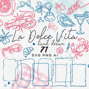 Op de afbeelding: Een set van 71 handgetekende illustraties in SVG, PNG en AI-formaten, met een verscheidenheid aan Italiaans geïnspireerde elementen, waaronder eten, drinken en decoratieve objecten. De illustraties zijn in vintage stijl met een blauw en roze kleurenschema. De tekst "La Dolce Vita" staat in het midden van de afbeelding.