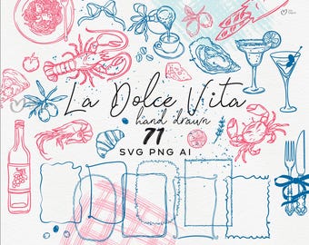La Dolce Vita, Hand Drawn Frames and Icons svg, Sea Food, Cocktails, Coastal Png, Italian Wedding Dinner Clipart, invites, Editable in Canva