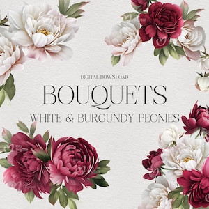 Floral bouquets clipart, Burgundy flowers png, Watercolor Peonies Clipart, Printable sublimation designs, Digital clipart PNG