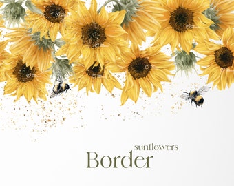 Sunflowers border, Floral Border-frame, Wedding invite card, Digital floral clipart PNG, Instant Download