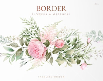 Floral border, Seamless Border, Green leaves & Pink roses, Watercolor, Wedding invite card, Digital floral clipart PNG, Digital download