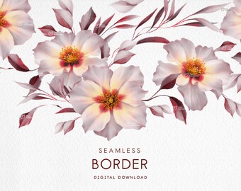 Seamless floral border, Garden flowers, Border-frame, Wedding invite card, Digital floral clipart PNG, Frame PNG
