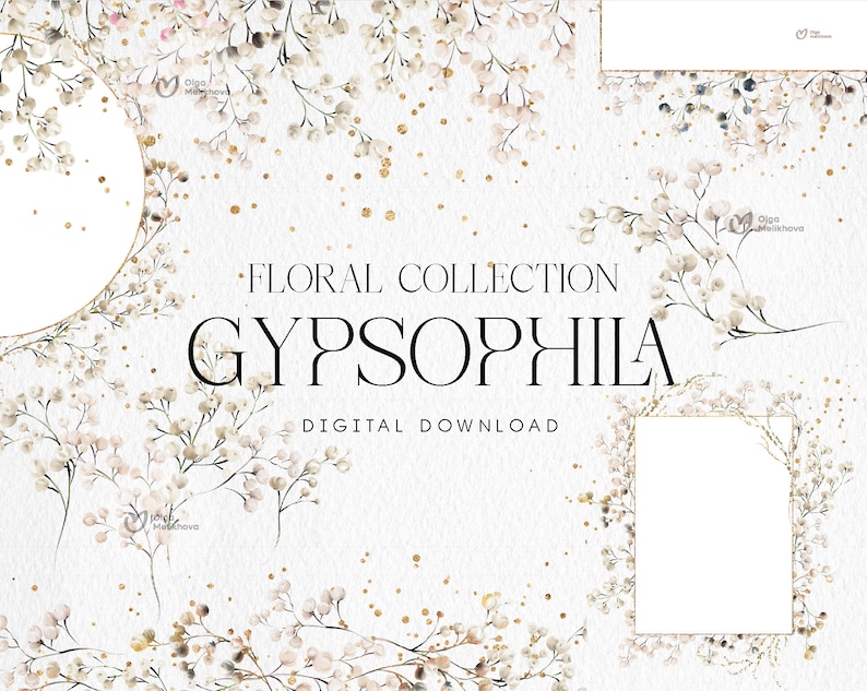 Pu&ograve; includere: Un download digitale di illustrazioni ad acquerello con fiori di gipsofila bianchi con glitter dorati su uno sfondo bianco. Il testo "Floral Collection Gypsophila Digital Download" &egrave; visualizzato in nero.