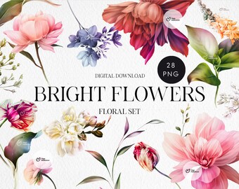 Floral clipart, Bright flowers, Separate floral elements, DIY elements, wedding floral, digital download - png