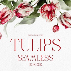 Tulips, Floral seamless border, Floral frame, Wedding invite card, Red Tulips border, Digital floral clipart PNG, Digital download