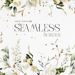 May include: A seamless border design featuring white flowers and green leaves with gold glitter accents. The text "SEAMLESS BORDER" is in the center of the image.