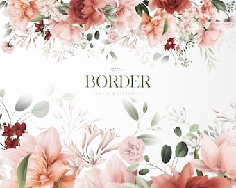 Floral border, Flower frame, Wedding invite card, Garden flowers, Digital floral clipart PNG, Digital download