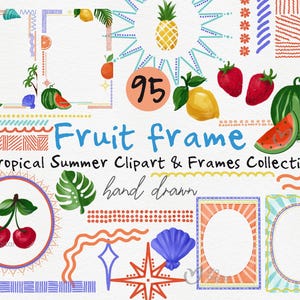 Colección de imágenes prediseñadas y marcos de verano tropical caprichoso, marcos dibujados a mano PNG, frutas tropicales, estética de verano retro, invitación PNG, Canva
