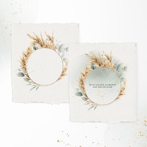May include: Two watercolor illustrations of a wreath made of dried pampas grass and eucalyptus leaves with a gold circle frame. The text "With golden elements and watercolor" is included in the bottom right illustration.