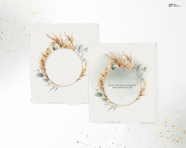 May include: Two watercolor illustrations of a wreath made of dried pampas grass and eucalyptus leaves with a gold circle frame. The text "With golden elements and watercolor" is included in the bottom right illustration.