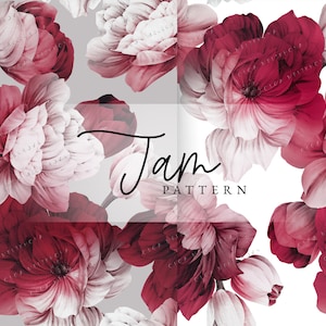Könnte beinhalten: Ein nahtloses Muster mit rosa und roten Blumen mit weißen Zentren. Die Blumen sind in einem sich wiederholenden Muster auf weißem Hintergrund angeordnet. Der Text "Jam Pattern" ist in schwarzer Kursivschrift geschrieben.