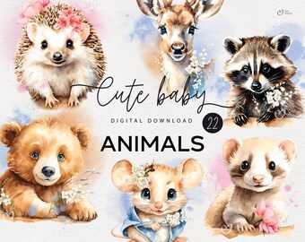 Watercolor Cute Baby Animals, Woodland Animal Clipart, Baby Animals Clipart Bundle Commercial use clipart, Digital print