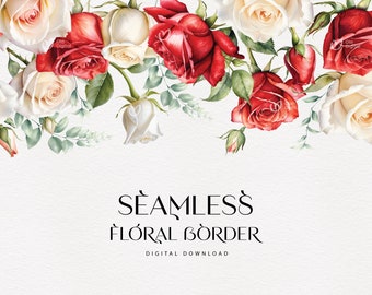 May include: A seamless floral border with red and white roses and green leaves. The text "SEAMLESS FLORAL BORDER DIGITAL DOWNLOAD" is at the bottom of the image.