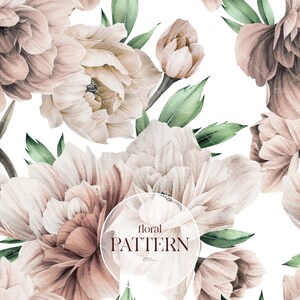 Puede incluir: Un patrón sin costuras con ilustraciones de acuarela de peonías delicadas de color rosa pálido y blanco con hojas verdes. El texto "floral PATTERN" está centrado en un círculo.