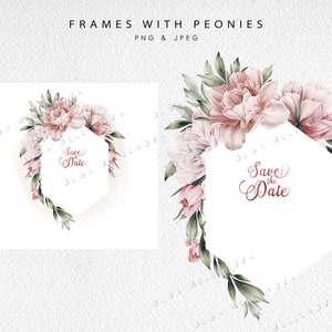 May include: Two hexagonal frames with a watercolor floral design featuring pink peonies and green leaves. The text "Save the Date" is written in a cursive font on the right frame.