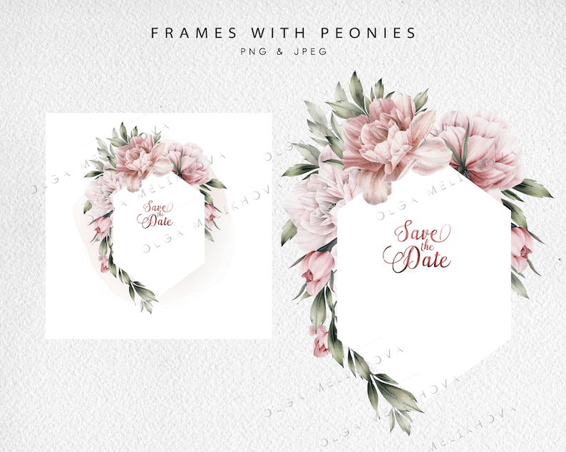 May include: Two hexagonal frames with a watercolor floral design featuring pink peonies and green leaves. The text "Save the Date" is written in a cursive font on the right frame.