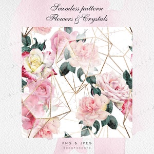 Seamless pattern with crystals and flowers,Hand painted, Individual PNG, Printable sublimation design