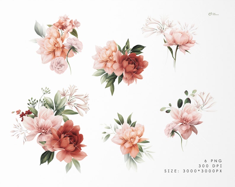 Floral bouquets, Peonies flowers, wedding invitation floral clipart png, digital paper, boho clipart, Digital download image 2