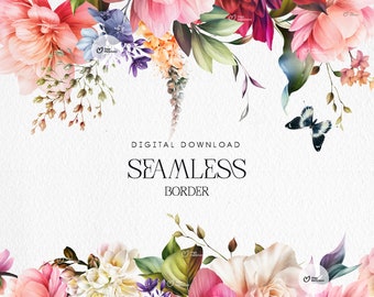 May include: A digital download of a seamless floral border with pink, white, and purple flowers, green leaves, and a butterfly. The text "DIGITAL DOWNLOAD SEAMLESS BORDER" is in the center of the image.