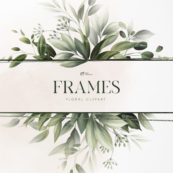 Greenery floral frames, Frame-border, Wedding clipart for invitation, Digital clipart PNG