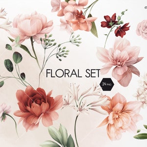 Blumen Set, Pfingstrosen Clipart, Aquarell Blumen, Hochzeit illustrarion, digitaler download PNG
