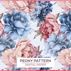 Seamless peony pattern, blue and red peonies, Digital floral paper, Peony Backgrounds, Watercolor peonies, Trendy Patterns, Printable