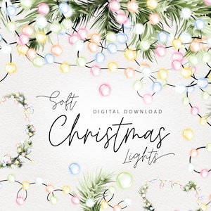 Clipart de lumières colorées de Noël, cadres, bordures sans couture, illustrations de Noël, arrangements pour le nouvel an, clipart en téléchargement numérique PNG
