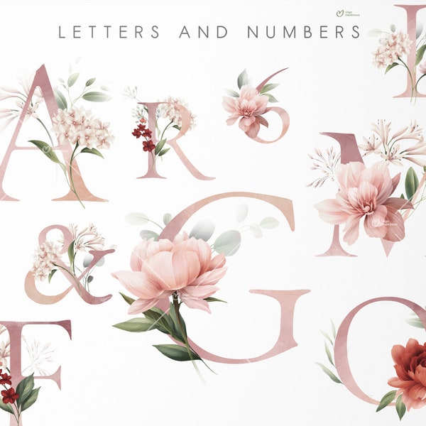 Lettres et chiffres, alphabet floral, clipart mariage alphabet rose PNG