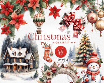 Vintage Christmas collection, Cozy Christmas Clipart, Watercolor Clipart PNG, Christmas decor clipart for commercial use PNG