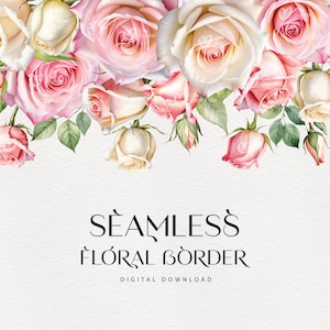 Florale nahtlose Grenze, weiße und rosa Rosen, Frühlingsblumen, Hochzeitsrahmen PNG, digitaler Download