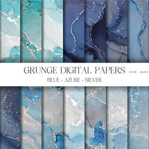 Carta digitale grunge blu, azzurra, argento, carta per scrapbooking scaricabile all'istante, texture di inchiostro alcolico, sfondi digitali stampabili per decoupage