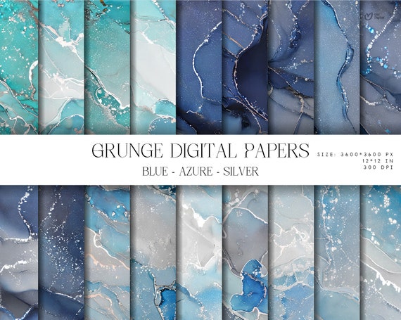 Grunge blue, azure, silver digital paper, instant download scrapbook paper, alcohol ink textures, decoupage printable digital backgrounds