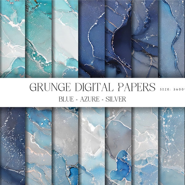 Papier numérique grunge bleu, azur, argent, papier de scrapbooking de téléchargement instantané, textures d'encre d'alcool, arrière-plans numériques imprimables de découpage