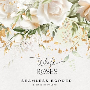 Floral seamless border, White roses and greenery, Elegant flowers, Wedding frame, Digital floral clipart PNG, Digital download