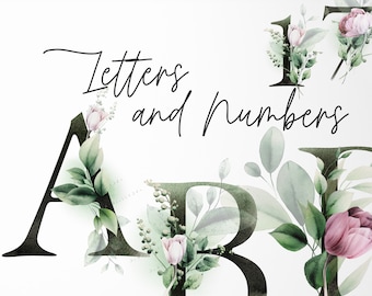 Letters and numbers | Watercolor floral alphabet | Wedding clipart PNG