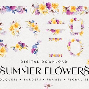 Summer Flowers Bundle, Border-frames, Wedding invite card, Bouquets, Digital floral clipart PNG, Digital clipart PNG