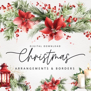 Arrangements et bordures de Noël, clipart de Noël, illustrations de Noël, arrangements du Nouvel An, téléchargement numérique, clipart floral PNG