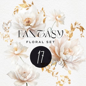 Fantasy flowers, Peonies Floral Clipart, Watercolor flowers, White flowers, Flowers png, floral set, Floral Clipart PNG, Commercial use