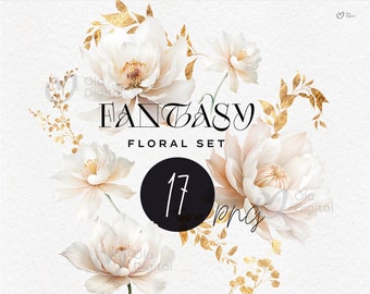 Flores de fantasía, Peonías florales, Acuarela, Flores blancas, Flores PNG, Conjunto floral, Clipart floral PNG, Uso comercial